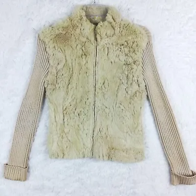 Phosphorus Womens Sweater Rabbit Fur Full Zip Ribbed Knit Beige Long Sleeve M • $44.99