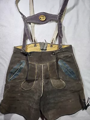 Vintage Authentic German Lederhosen Shorts Suede Leather Mens Waist 30in Adjust • $39.99