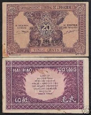 French Indo China 20 CENTS P-90 1942 Vietnamese World Currency VIETNAM NOTE • $9.99