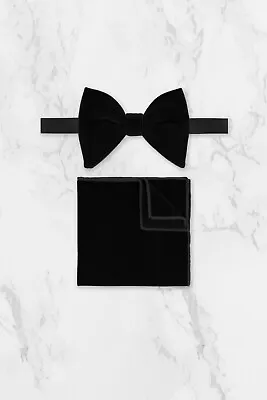 Black Oversized Velvet Bow Tie & Pocket Square Set • $37.33
