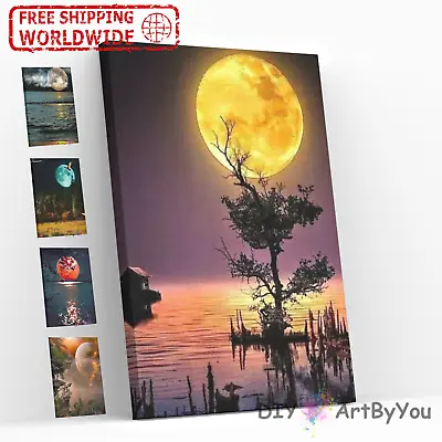 Paint By Numbers Kit DIY Oil Painting Framed Canvas Art Yellow Blue Red Moon Sea • $12.95