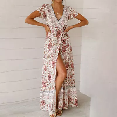 Women Boho Floral Maxi Dress V Neck Ladies Split Beach Summer Holiday Sundress • £12.89