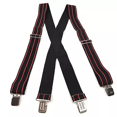 Vintage Welch Mens Suspenders Black With Red Striped Clip On 2  Wide Braces  • $21