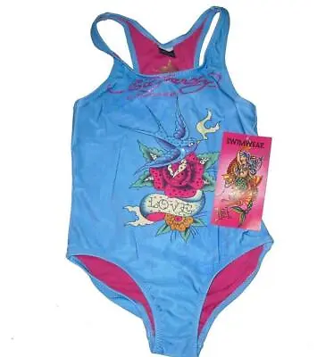 Girls Ed Hardy Turquoise Signature Glitter Designer Stunning Swimming Costume • £9.99