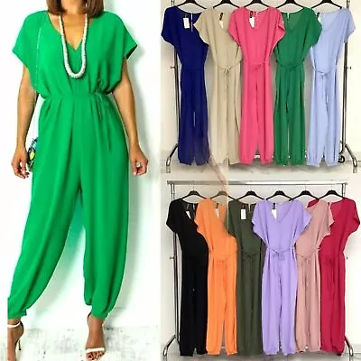 £16.99 • Buy Women's Ladies V-Neck Tie Belted Waist Harem Wide Leg Jumpsuit Summer Playsuits