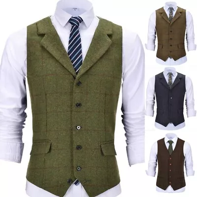 Mens Tweed Wool Vest Retro Windowpane Plaid Vintage Formal Vests M Large XL XXL • $15.99