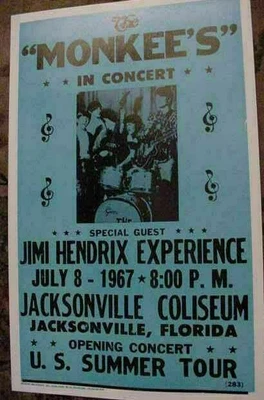 $89.75 • Buy VINTAGE THE MONKEES JIMI HENDRIX 1967 CONCERT POSTER 60s Tour JACKSONVILLE FLA.