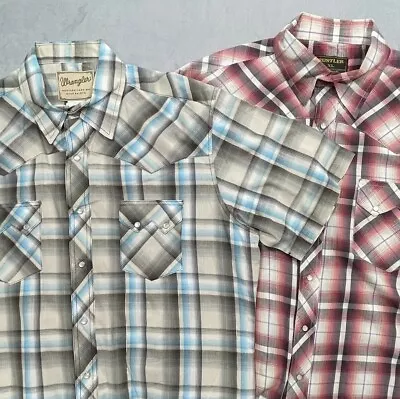 Wrangler Western Pearl Snap Shirt Lot Of 2 Men's XL Short Sleeve Plaid Easy Care • $21.59