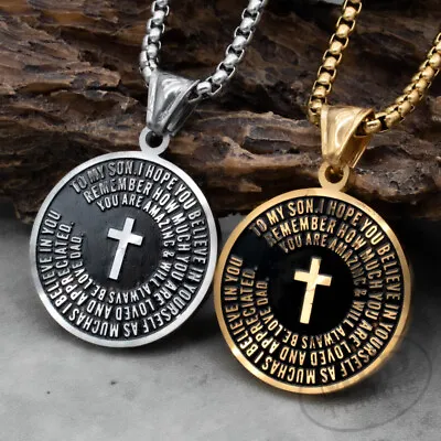 Men Stainless Steel To My Son Cross Pendant Necklace Silver Gold W 22  Chain • $15.99