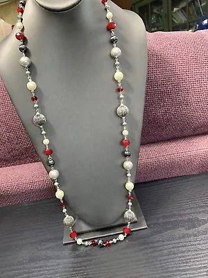 Vintage  Ladies Signed Designs Red Black Silver 36” Beaded Jewelry Necklace • $27.70