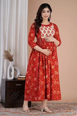 Red Pregnancy Anarkali Cotton Dress Maternity Long Gown 48'' Hand Print Gown • $24.59