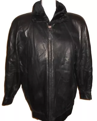 Vintage Lambskin Bomber Jacket Mouton Fur Lined 1990's Womens L Black Leather • $125