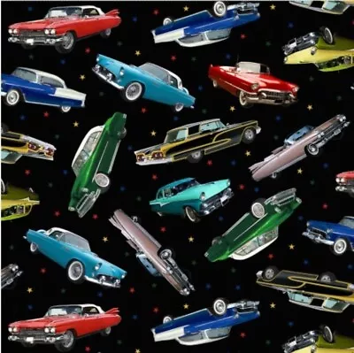  In Motion  Classic Cars Car Fabric! 100% Cotton•1 Yd•BTY•Black•Beautiful! • $13.99