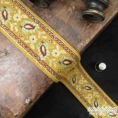 £3 • Buy Indian Asian Ethnic Traditional Amber Yellow Paisley Jacquard Ribbon M1936