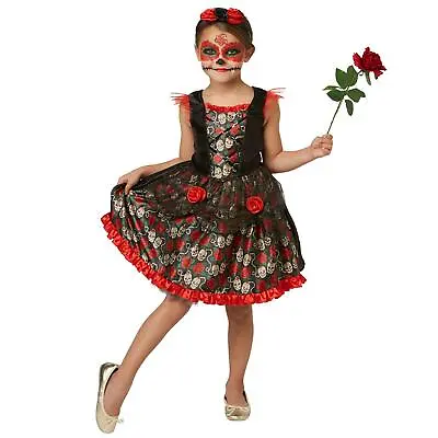 Girls Red Rose Halloween Sugar Skull Day Of The Dead Party Fancy Dress Costume • £12.11