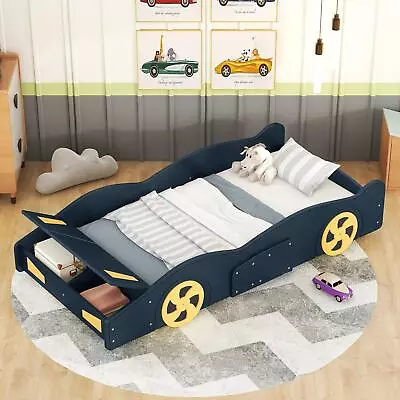 Twin Size Race Car-Shaped Platform Bed With Wheels And Storage Dark Blue+Yellow • $279.25