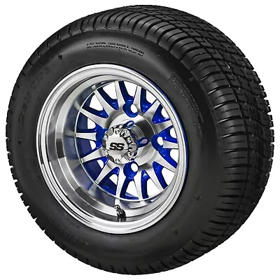 (4)Golf Cart 205/50-10 Tire On 10x7 Machined/Blue 14-Spoke Wheel Free Freight • $376.88