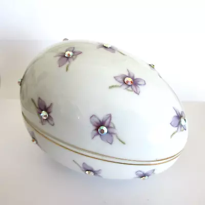 Big Vintage Bejeweled Rhinestone Violets Ceramic EASTER EGG Vanity Trinket Box • $8.99