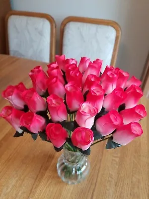 1 Dozen - White/red Wooden Rose Buds 5 X 8 Artificial Flowers - Free Shipping • $14.99