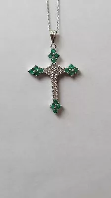 14KT White Gold Emerald And Diamond Cross W 14kt Chain 14kt • $379.99