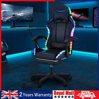 Gaming Office Chair With Racing 12 RGB LED Computer Work Seat Leather Chair UK • £99.99