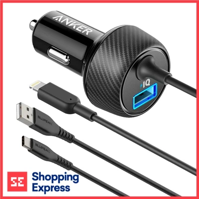 $25 • Buy Anker Car Charger PowerDrive 2 Elite Connector & USB-C Charge Cable