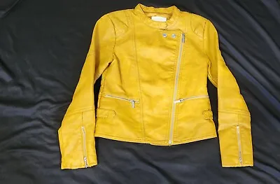 Habitual Girl Moto Faux Leather Lined Jacket Zip Up Yellow Mustard Size 12 • £14.24