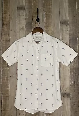 Modern Amusement White Navy Palm Tree Short Sleeve Button Up Beach Shirt SZ S • $14.99