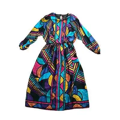 1980s Vintage Mr. Mort Jewel Tone Geometric Satin Midi Blouson Dress Size 14 • $59.99