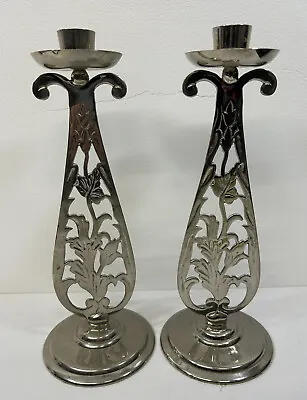 Past Times Candlesticks Art Nouveau Style Floral Cut Out Silver Metal X2 • £16.99