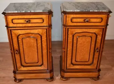 1880s Antique Victorian Birdseye Maple & Marble Top Nightstands / Bedside Tables • $3000