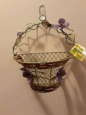 NWT Basket Metal Flat Back For Hanging On Wall Purple Flowers • $12.99