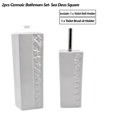 2pcs Ceramic Bathroom Accessories Set Sea Deco Toilet Brush Paper Roll Holder • $59.95