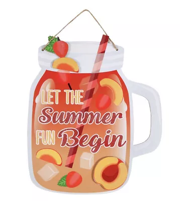 LET THE SUMMER FUN BEGIN Mason Jar Sign Peach Fruit Decor Glitter Door Porch NEW • $6.30