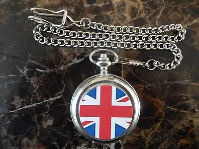 Union Jack Flag Chrome Pocket Watch With Chain • £14.99