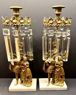 Antique French Couple Bronze With Marble Base & Crystal Prisms Candle Holders • $250