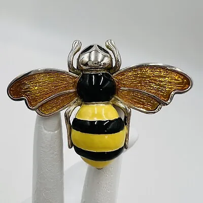 Vtg MJ Ent. Silver Tone Bumble Bee Enamel Brooch 2 X2.25 Pin Pendant Bug Insect • $35.99