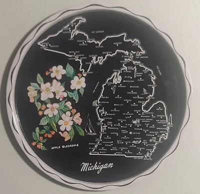 Michigan Round Metal Souvenir Vintage Serving Tray Black With Map & State Flower • $19.99