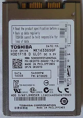 1.8  Toshiba 160GB 5400RPM 16MB Cache SATA2 Internal Hard Drive MK1633GSGF • $20