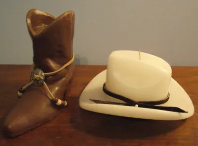 Western Cowboy Hat & Cowboy Boot Candl Real Leather Bands Vntg Collectible • $48