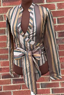 ZARA Basic Wrap Blouse S Green/Brown Striped Long Sleeve V-Neck Tie Closure Poly • $24.98