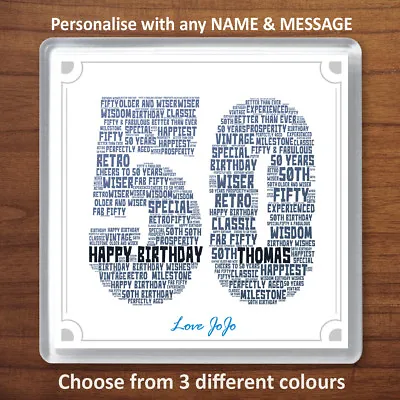 50th Birthday Personalised Word Art Drinks Coaster Gift Present 50 Fifty • £4.49