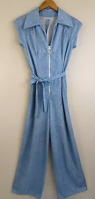 Vtg 70s Jumpsuit Wide Leg Cap Sleeve Romper Polyester Knit Blue Groovy Mod XS 4  • $93.75