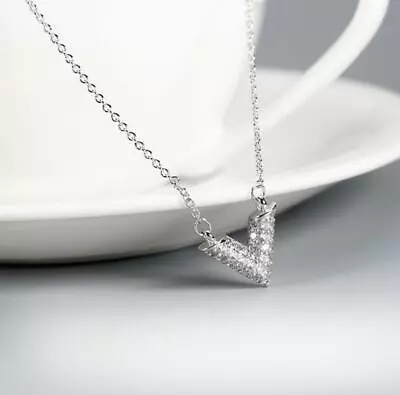 $8.99 • Buy Pave Cubic Zirconia V Shape Silver SP Pendant Chain Choker Necklace