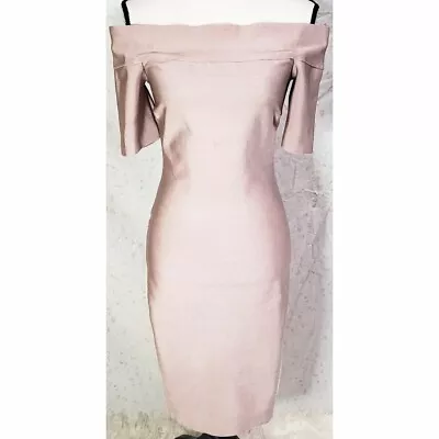 French Kiss Bandage Dress Medium Off The Shoulder Pink Rose Gold Bodycon Sheath • $45