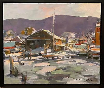 Snowy Harbor Landscape By Marine Artist Charles Movalli  Covered In Snow   • $6000