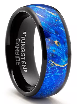 Men's Black Tungsten Ring Wedding Band Blue Wood Burl 8MM Comfort-Fit • $29.99