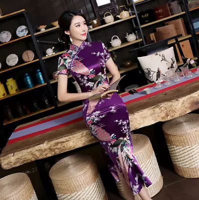 New Luxurious Purple Satin Phoenix Chinese Long Dress Cheongsam Qipao Lcdress56 • £13.99