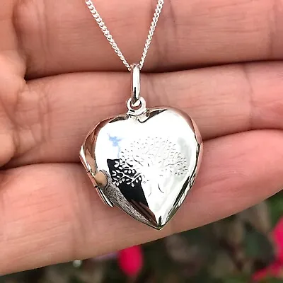 925 Sterling Silver Heart Shaped Tree Of Life Photo Locket Pendant Necklace • £22