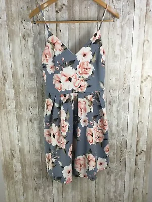 Soprano Jrs Large Gray Big Floral Spaghetti Strap A-Lined Knee Dress No Wrinkle • $15.99